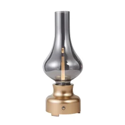 Lindby LED genopladelig bordlampe Maxentius guldfarvet glas dæmper