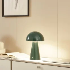 Lindby LED genopladelig bordlampe Nevijo, grøn, Ø20 cm, USB, dæmper