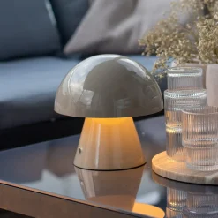 Lindby LED genopladelig bordlampe Nevijo, grå, Ø18cm, USB, dæmper