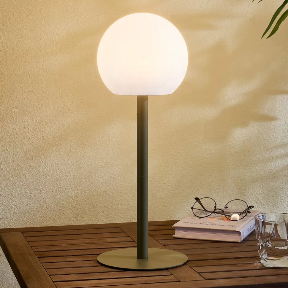 Lindby LED udendørs bordlampe Eleia, grøn, metal, genopladeligt batteri