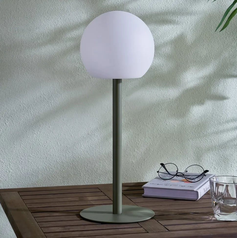 Lindby LED udendørs bordlampe Eleia, grøn, metal, genopladeligt batteri