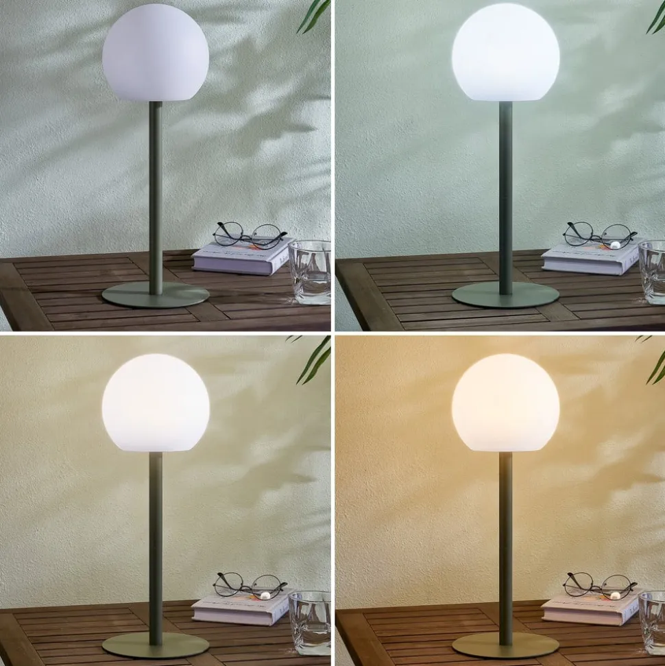 Lindby LED udendørs bordlampe Eleia, grøn, metal, genopladeligt batteri