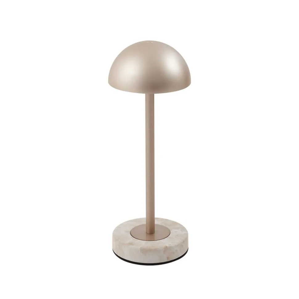 Lindby LED-batteridrevet bordlampe Pippin, guld/travertin, IP44