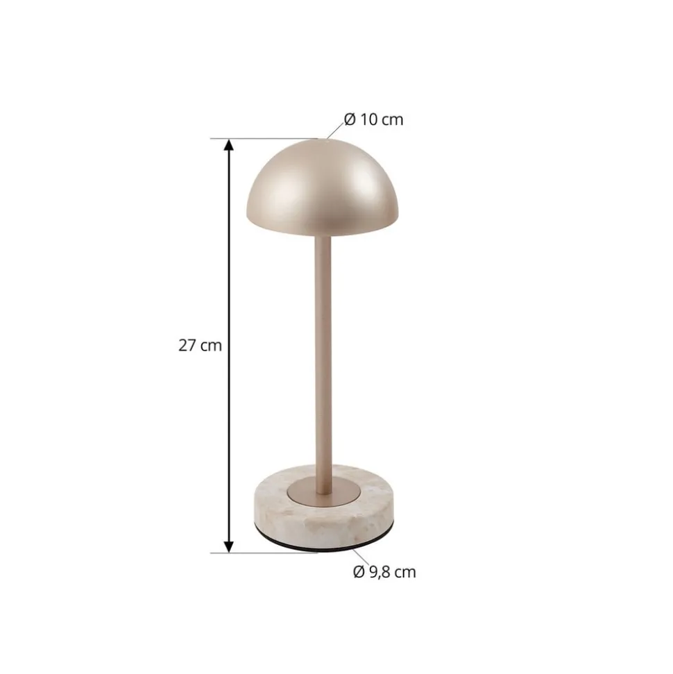Lindby LED-batteridrevet bordlampe Pippin, guld/travertin, IP44