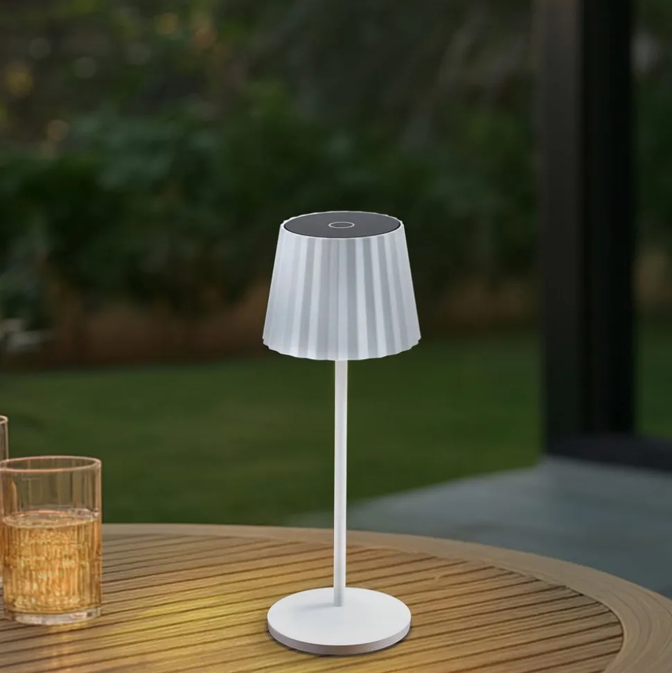 Lindby LED-batteridrevet bordlampe Esali, hvid, riller, 29 cm
