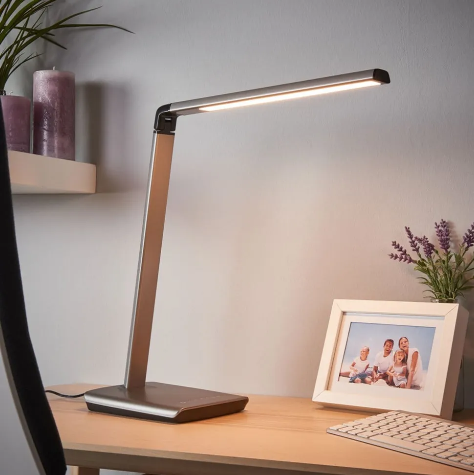 Lindby LED-bordlampe Kuno, grå, USB, touch-dæmper