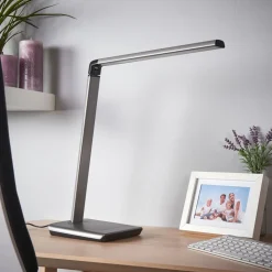 Lindby LED-bordlampe Kuno, grå, USB, touch-dæmper