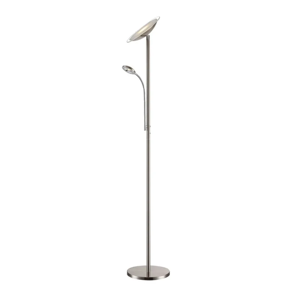 Lindby LED-gulvlampe Malea, nikkel, læselampe, dæmpbar