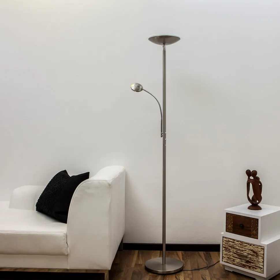 Lindby LED-gulvlampe Malea, nikkel, læselampe, dæmpbar