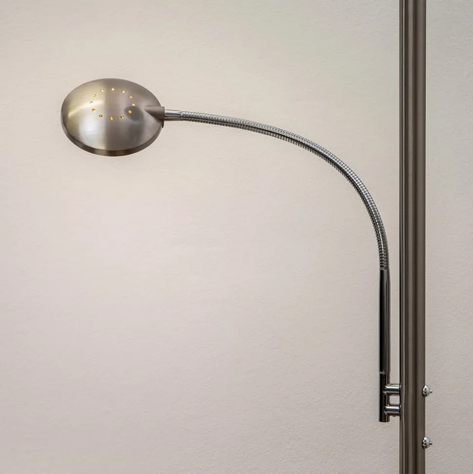 Lindby LED-gulvlampe Malea, nikkel, læselampe, dæmpbar