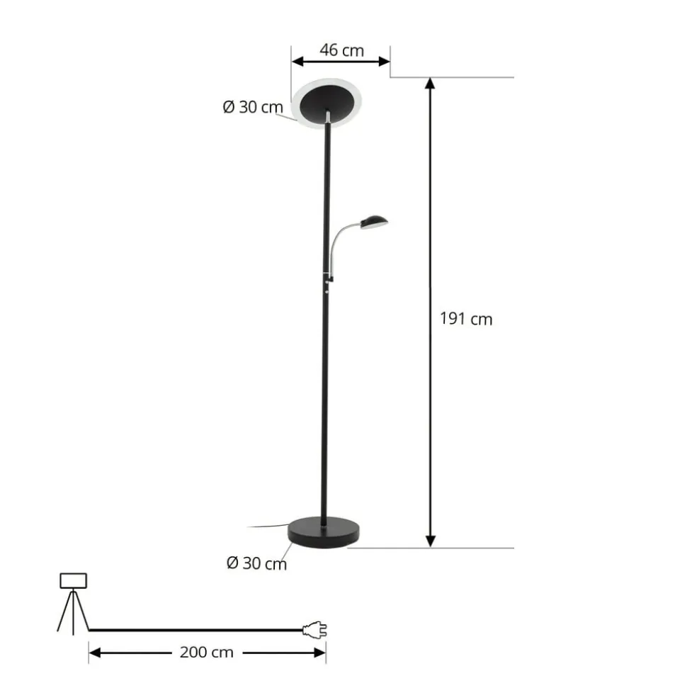 Lindby LED-gulvlampe Malea, sort, læselampe, dæmpbar