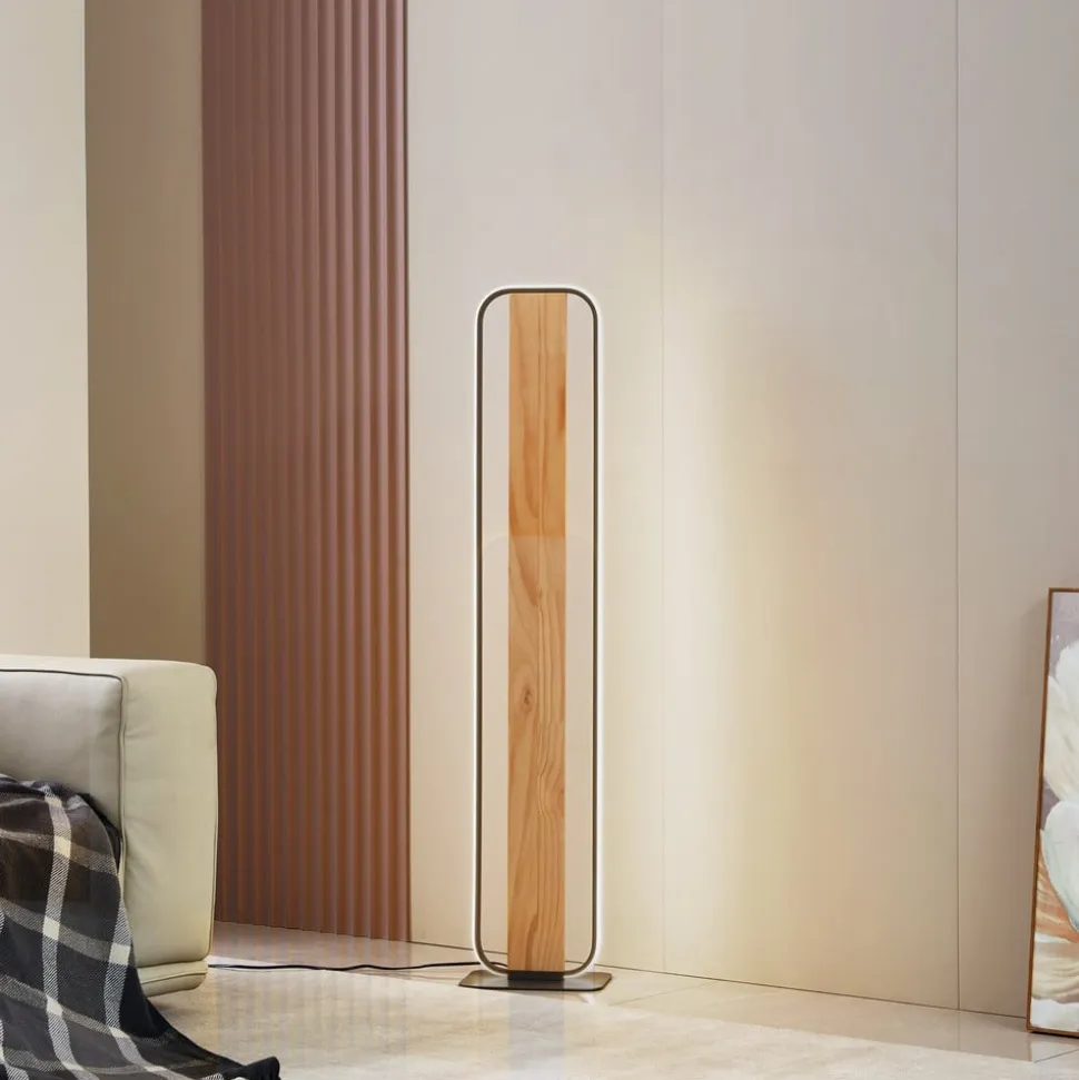 Lindby LED-gulvlampe Romilda, grå, træ, højde 122 cm