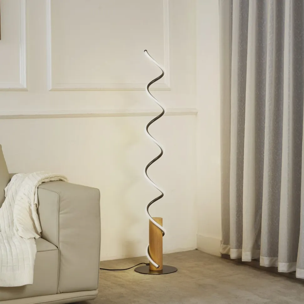 Lindby LED-gulvlampe Spiraali, grå, træ, højde 133 cm
