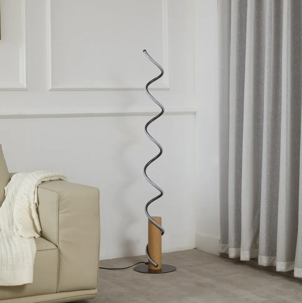 Lindby LED-gulvlampe Spiraali, grå, træ, højde 133 cm