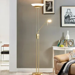 Lindby LED-gulvlampe Yveta, messing, metal, dæmpbar, 183 cm