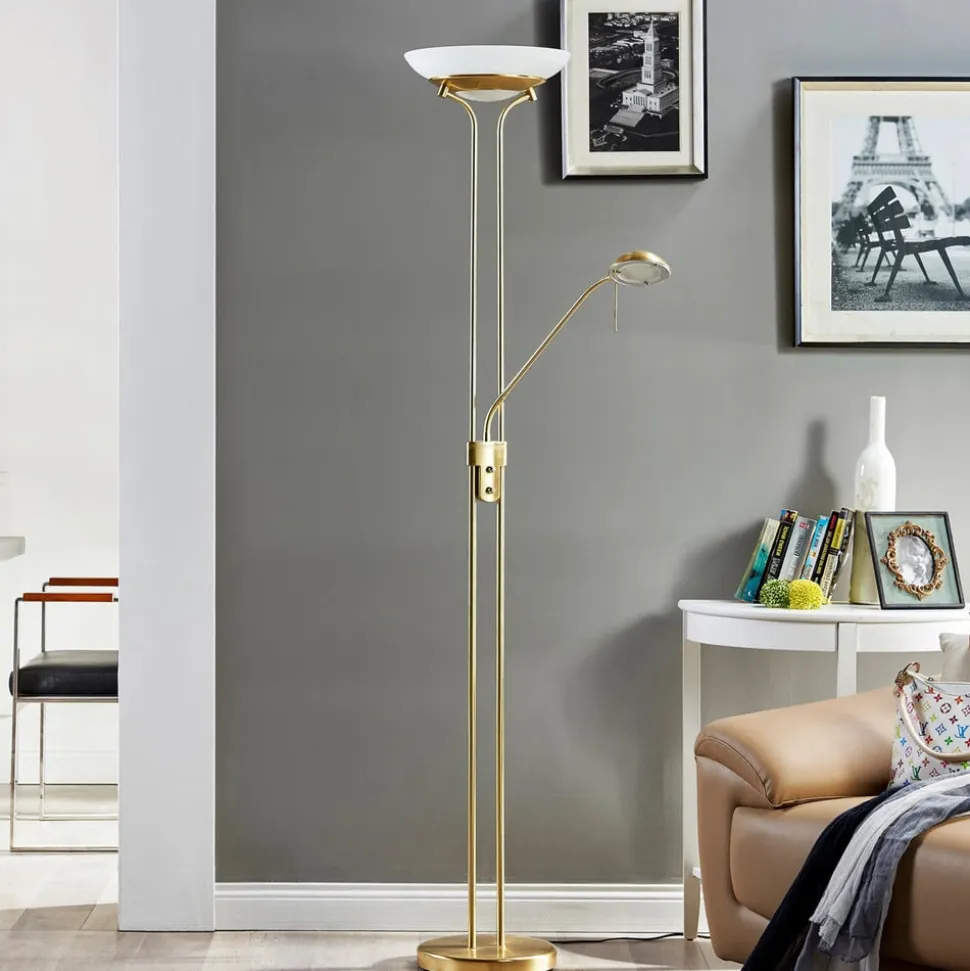 Lindby LED-gulvlampe Yveta, messing, metal, dæmpbar, 183 cm