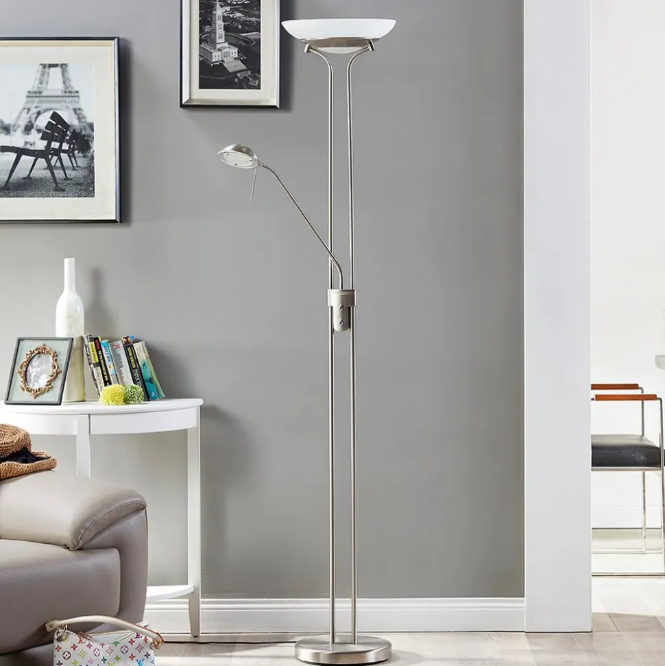 Lindby LED-gulvlampe Yveta, nikkelfarvet, metal, dæmpbar