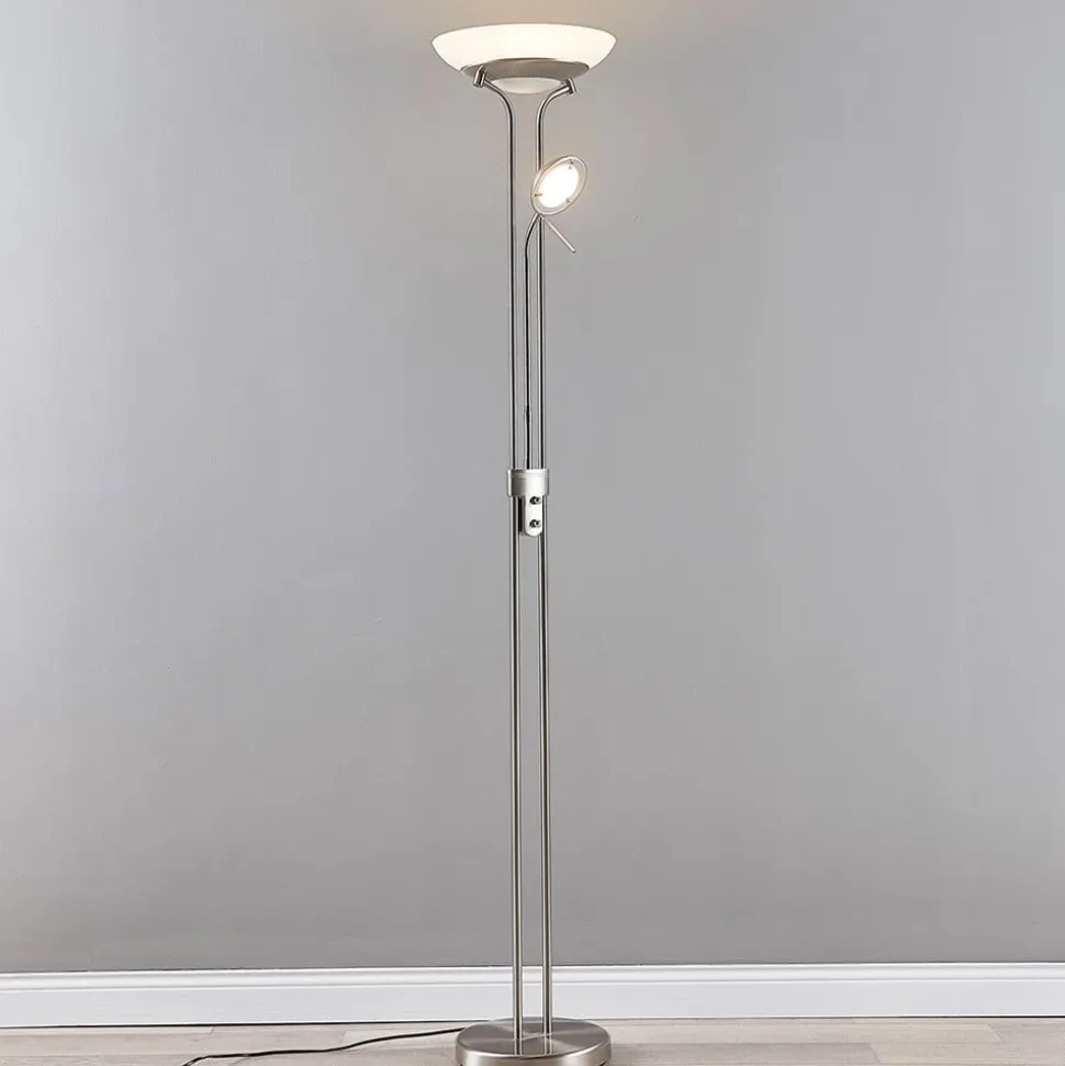 Lindby LED-gulvlampe Yveta, nikkelfarvet, metal, dæmpbar