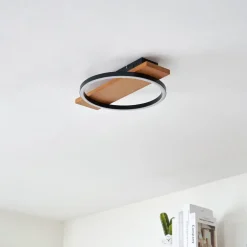 Lindby LED-loftlampe Galad, sort, træ, 30 cm, dæmpbar