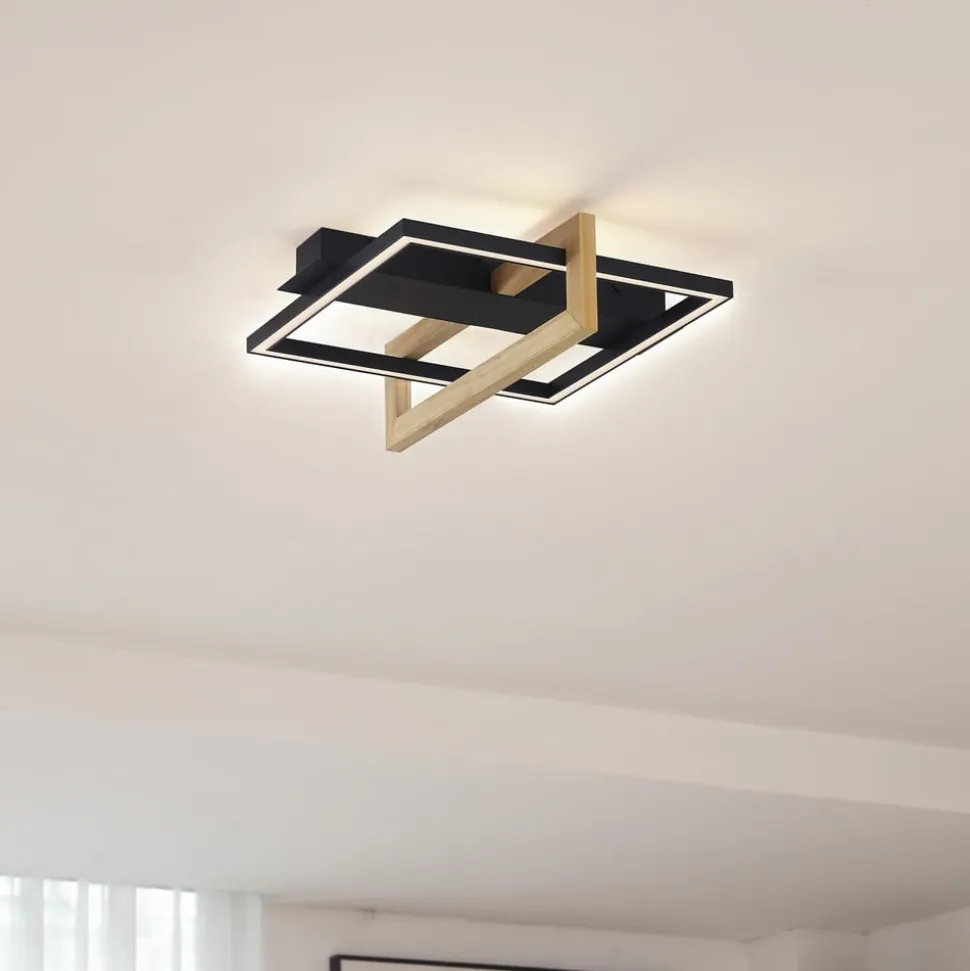 Lindby LED-loftlampe Holamu, 46 cm, sort, træ, metal