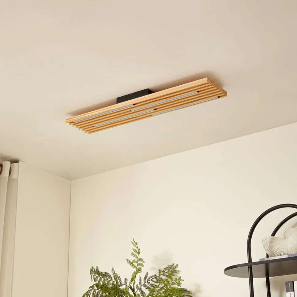 Lindby LED-loftlampe Madero, fyrretræ, 90 cm x 20 cm