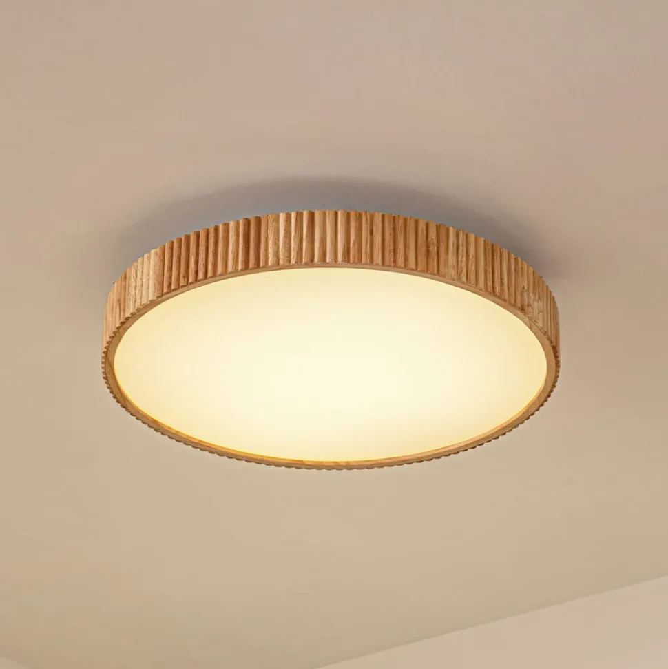 Lindby LED-loftlampe Velua, hvid/lys træ, CCT, Ø 50 cm