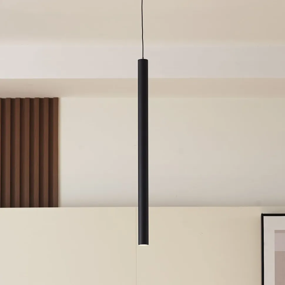 Lindby LED-pendellampe Lumaro, sort, Ø3cm,aluminium,48V,dæmpbar
