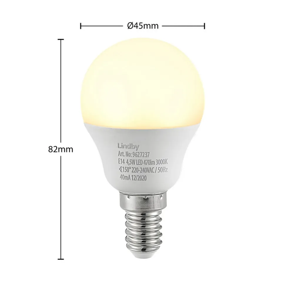 Lindby LED-pære E14 G45 4,5W 3.000K opal sæt med 2 stk