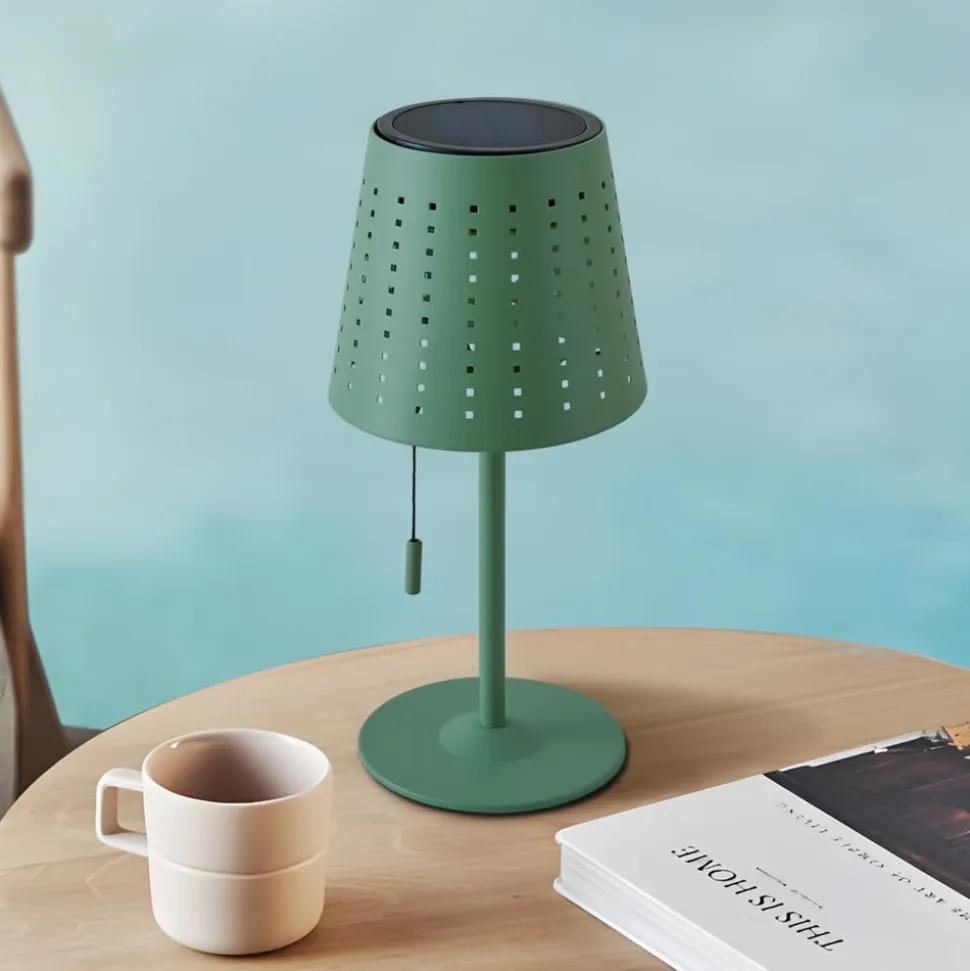 Lindby LED-solcellebordlampe Hilario, grøn, jern, genopladeligt batteri