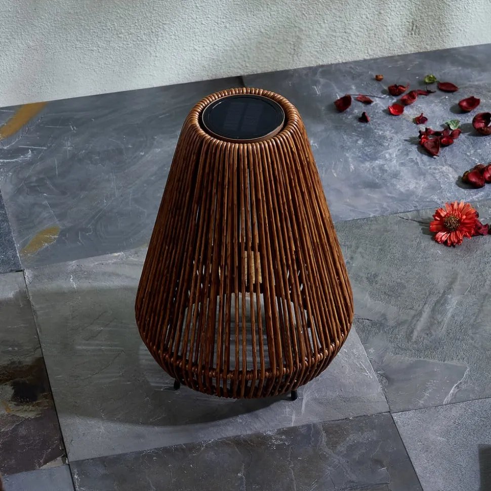 Lindby LED-solcellelampe Amaria, rattan, mørk, Ø 27 cm