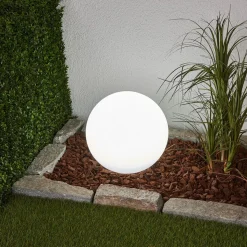 Lindby LED-solcellelampe Lago, Ø 30 cm, kugle, jordspyd, hvid