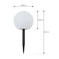 Lindby LED-solcellelampe Lago, Ø 30 cm, kugle, jordspyd, hvid