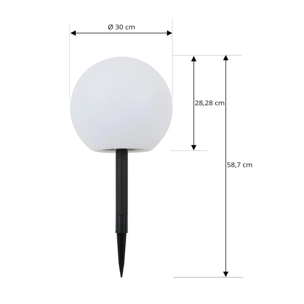 Lindby LED-solcellelampe Lago, Ø 30 cm, kugle, jordspyd, hvid