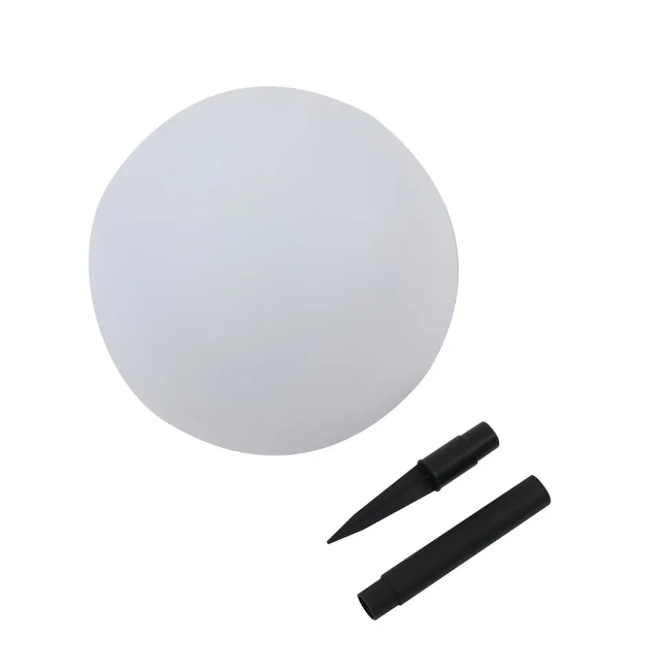 Lindby LED-solcellelampe Lago, Ø 30 cm, kugle, jordspyd, hvid