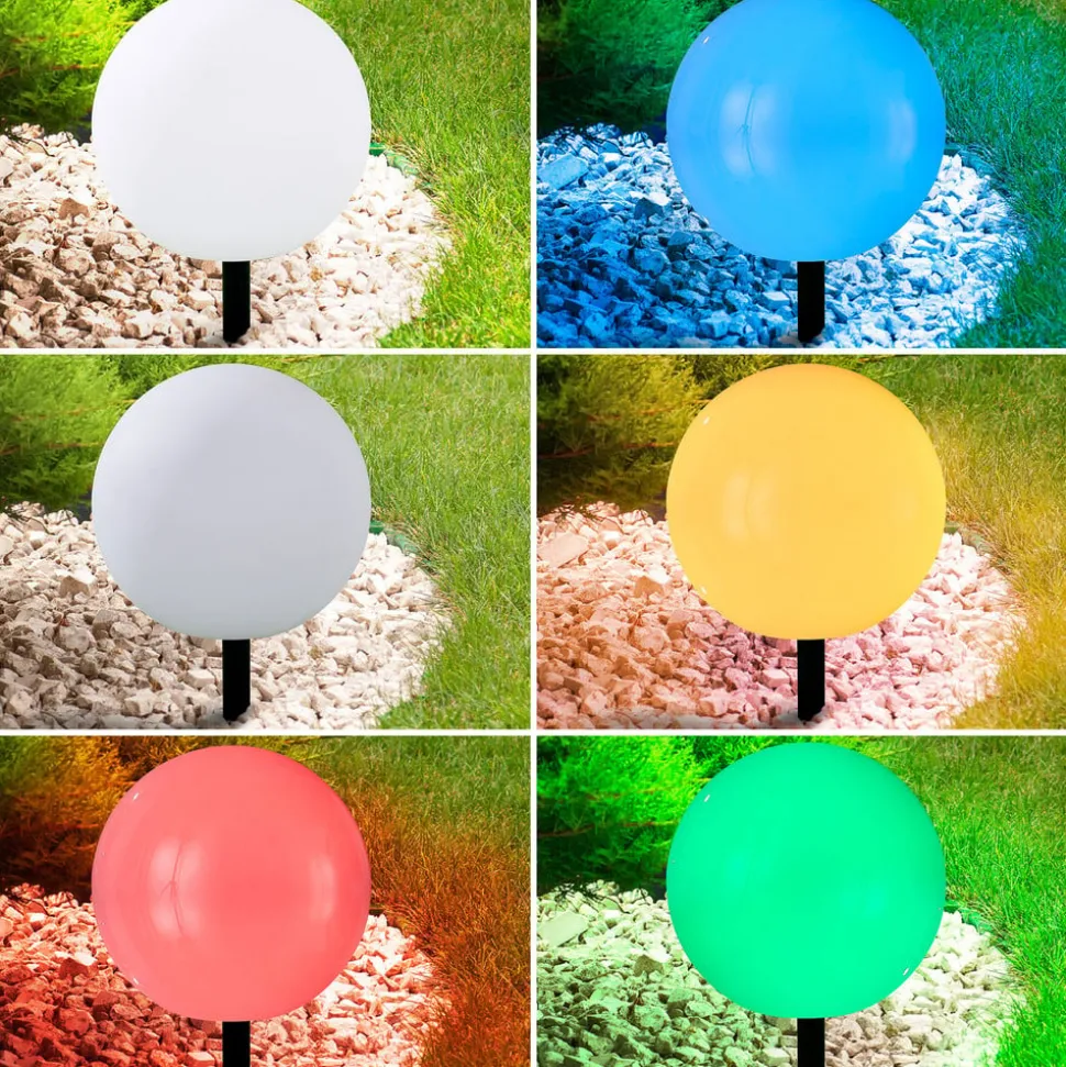 Lindby LED-solcellelampe Lago, Ø 30 cm, kugle, jordspyd, hvid