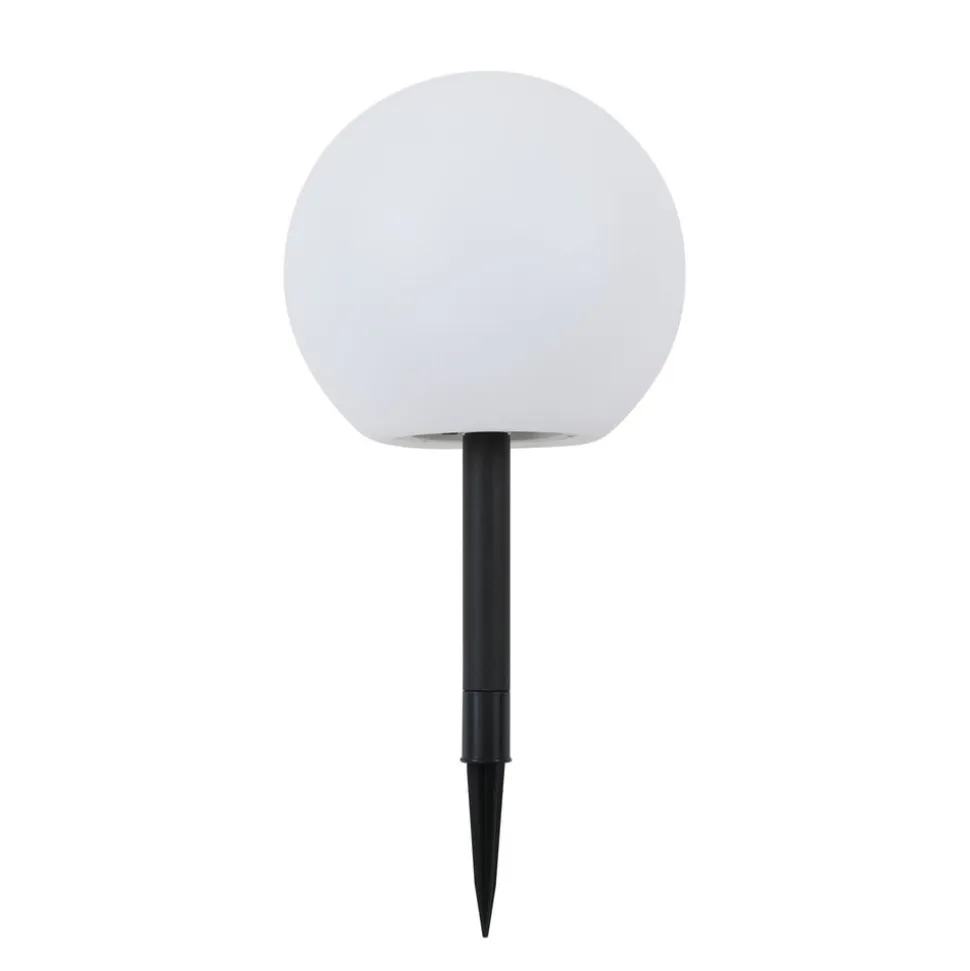 Lindby LED-solcellelampe Lago, Ø 25 cm, kugle, jordspyd, hvid