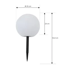 Lindby LED-solcellelampe Lago, Ø 25 cm, kugle, jordspyd, hvid