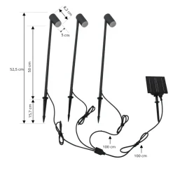 Lindby LED-solcellelampe Myric, sæt med 3, sort, aluminium, 3.000K