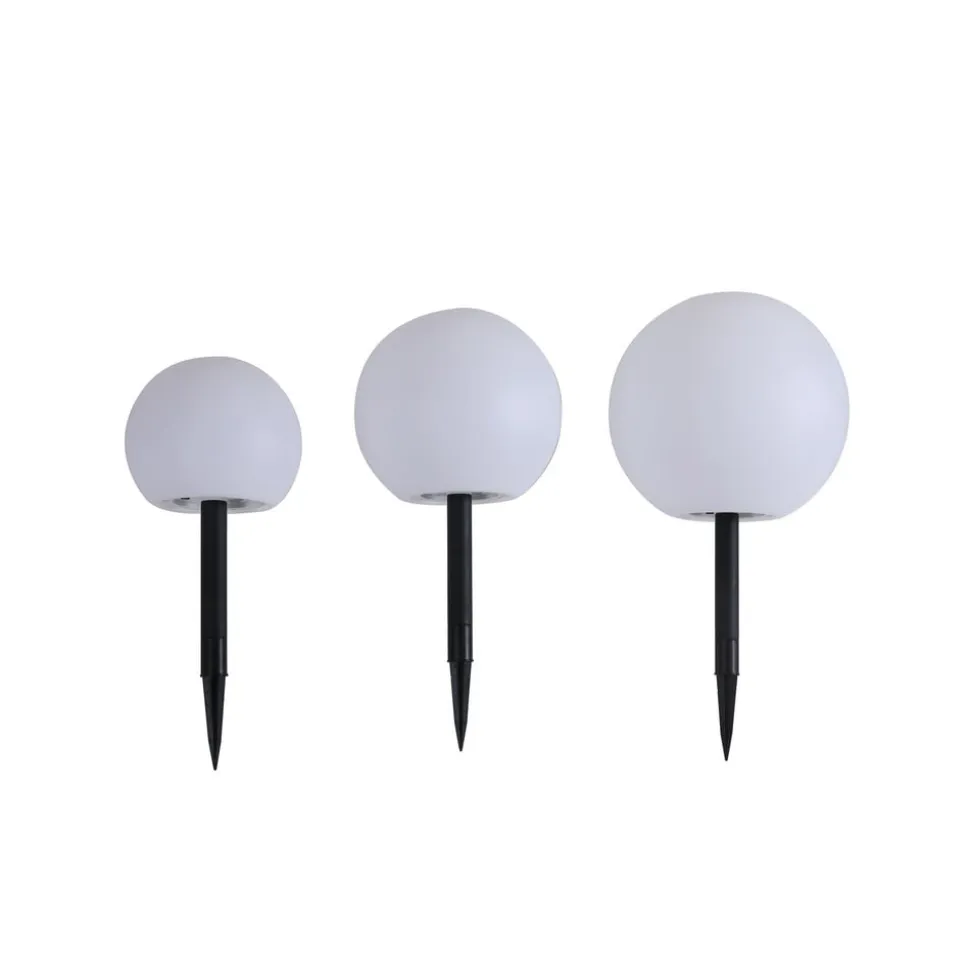 Lindby LED-solcellelamper Lago, sæt med 3, kugler, jordspyd, hvid