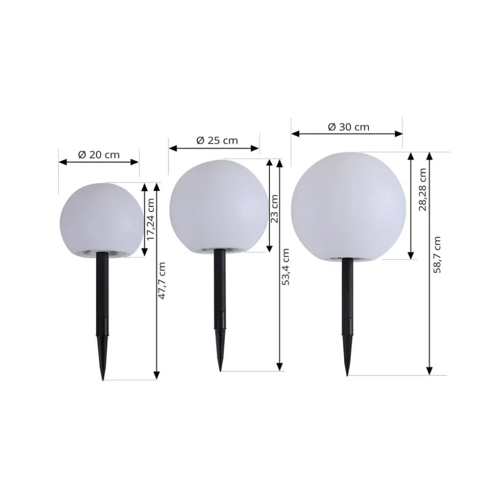 Lindby LED-solcellelamper Lago, sæt med 3, kugler, jordspyd, hvid
