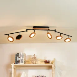 Lindby LED-spotlight Manel, træ, 152 cm lang, 6 lyskilder