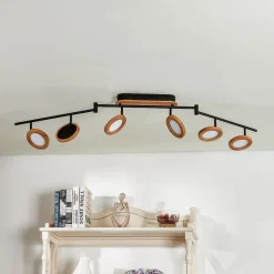 Lindby LED-spotlight Manel, træ, 152 cm lang, 6 lyskilder