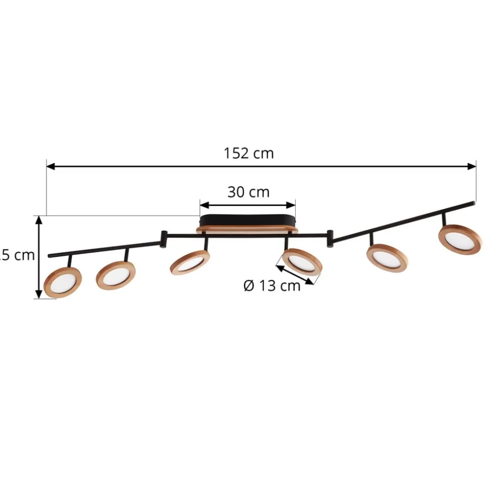 Lindby LED-spotlight Manel, træ, 152 cm lang, 6 lyskilder