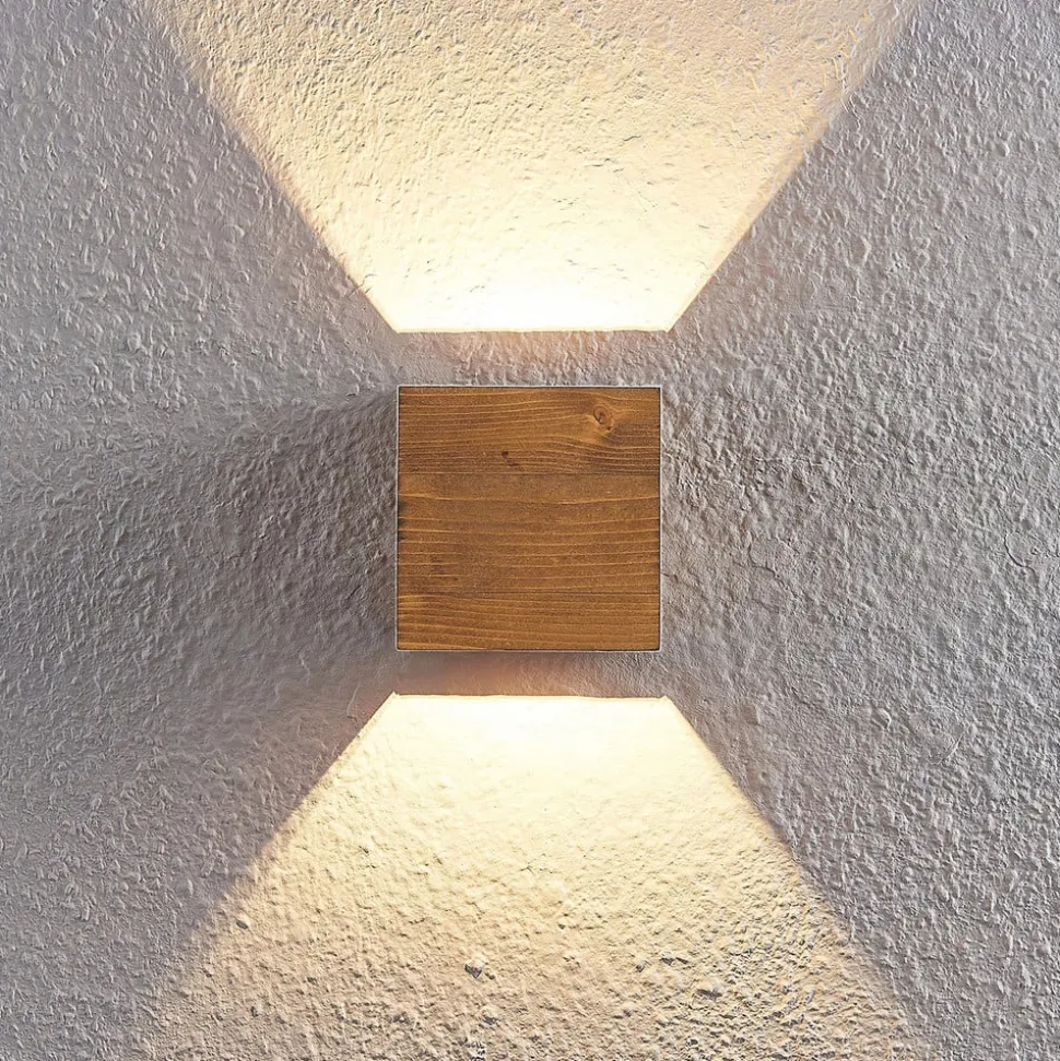Lindby LED-væglampe Benicio, 11 cm, kantet, træ