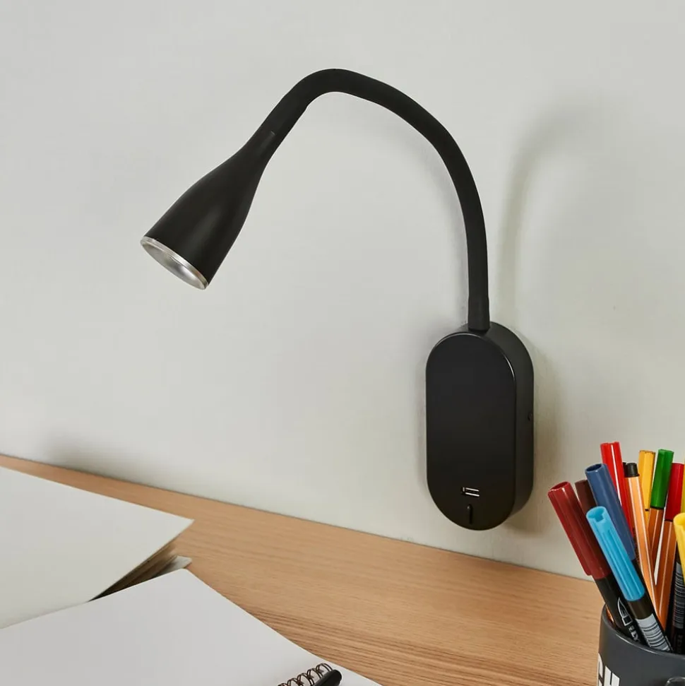 Lindby LED-væglampe Enna, 34 cm, sort, afbryder, USB