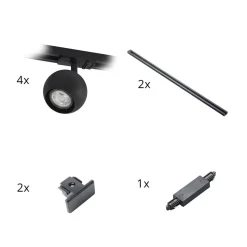 Lindby Linaro skinnesystem, GU10, 4 lyskilder, sort, Ø 9 cm