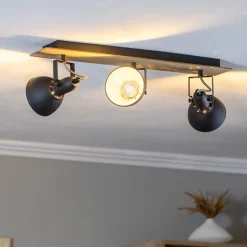 Lindby loftlampe Aylis, 3 lyskilder, 60 cm, sort, træ, E14