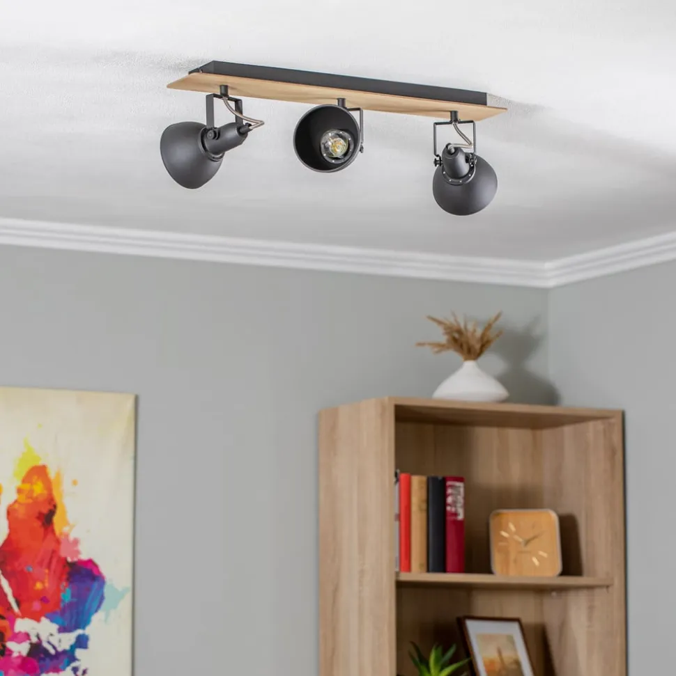 Lindby loftlampe Aylis, 3 lyskilder, 60 cm, sort, træ, E14
