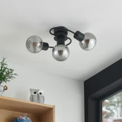 Lindby loftlampe Ciala, 3 lyskilder, sort, røgfarvet, glas