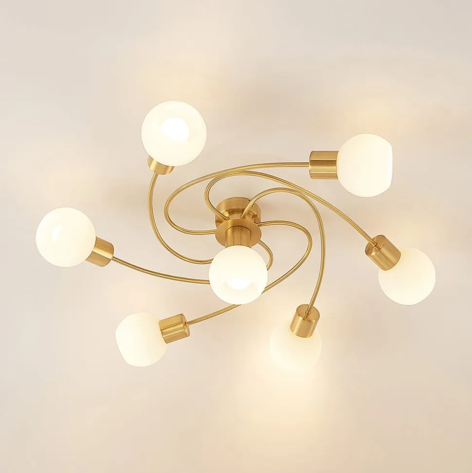 Lindby loftlampe Ciala, 7 lyskilder, messingfarvet, glas